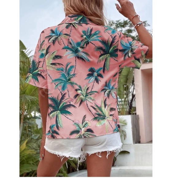 Short Sleeve Button Down Short Tropical Print Pink - Picture 2 of 6